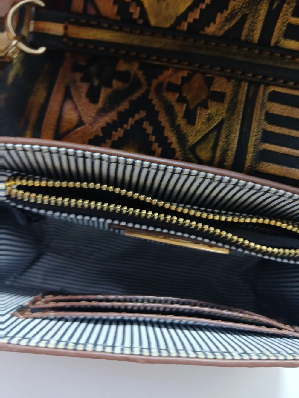 MMS Design Studio Brown and Gold Patterned Chain Crossbody Bag